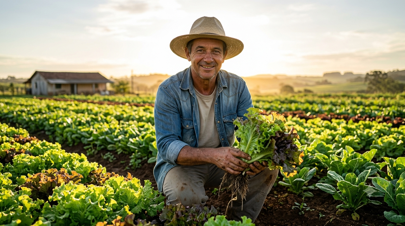 Produtor colhendo hortaliças ao nascer do sol