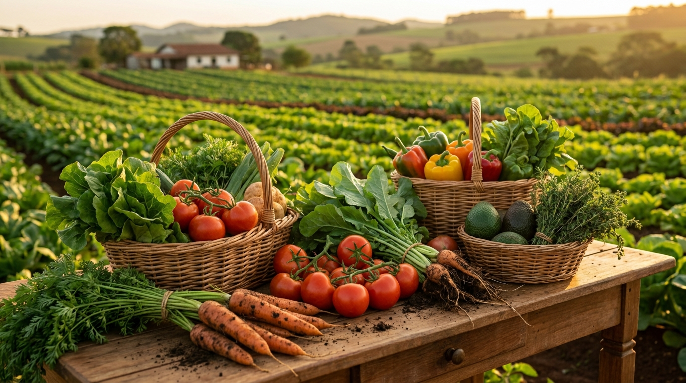 Cesta de produtos orgânicos em fazenda ao entardecer